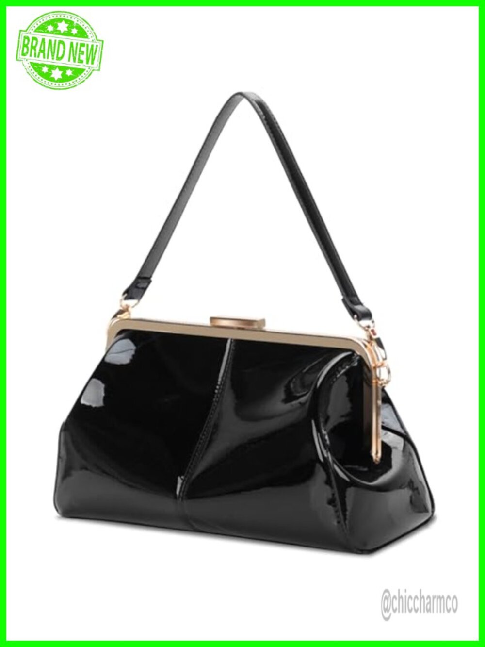 Vintage Kiss Lock Faux Patent Leather Evening Clutch with Removable Straps